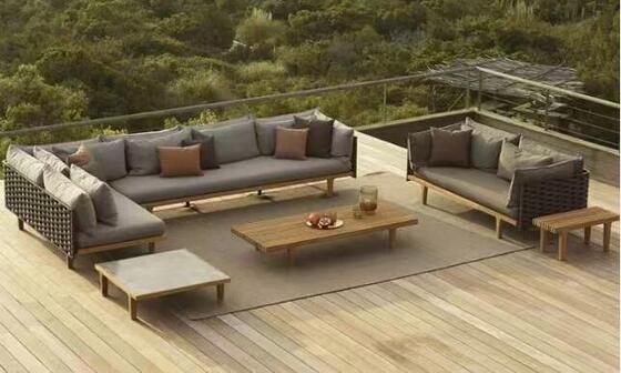 Luxury Outdoor Sofa Set Patio Garden Teak Wood Combination of Strapping Ropes Sofa