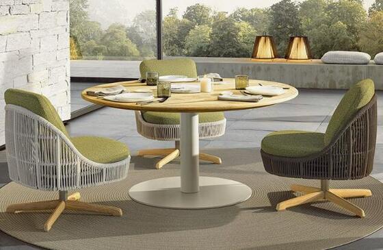 Round design Garden teak wood top table and Rope veaven chairs Patio villa