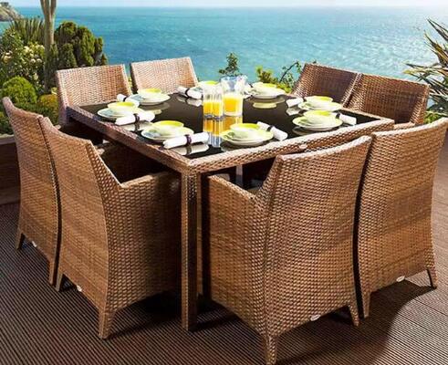 Outdoor table set 9pieces weather resistant UV resistant rattan rope with aluminum frame designed for gardens courtyards and villas