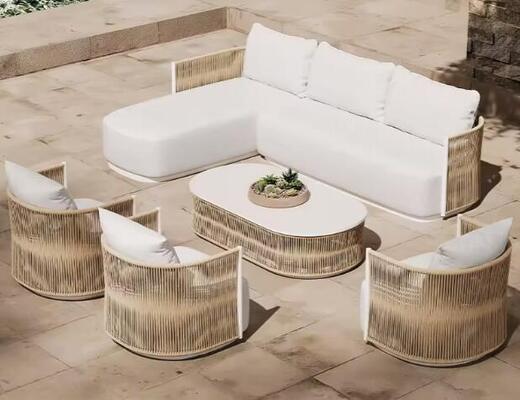 Waterproof Lounge Couch Beige Luxury Modern Aluminium Outdoor Furniture Sectional Sofa Set For Courtyard