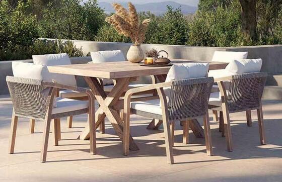 6pcs Rope Wicker Rattan Long Dining Table Chair Set Waterproof UV Resistant for Outdoor