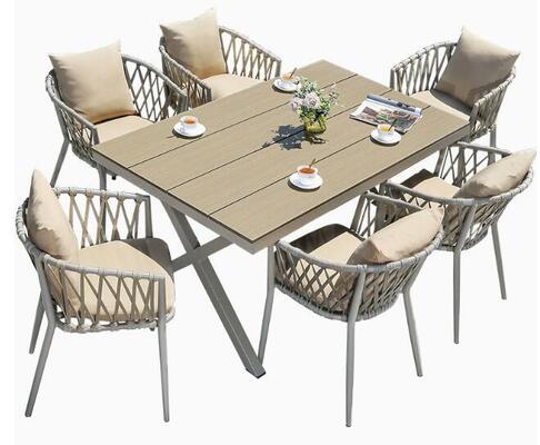 Factory Direct Modern Outdoor Plastic Wood Table and Rope Chair Set Long Table Waterproof Patio Garden Furniture Wholesale