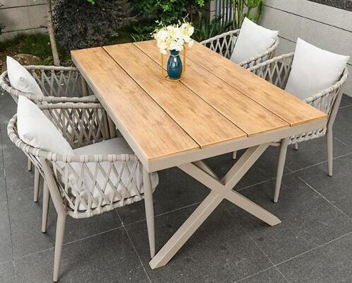 4pcs Chairs Outdoor PolyWood Table And Rope Chair Set Long Table Waterproof Patio Garden Furniture Wholesale