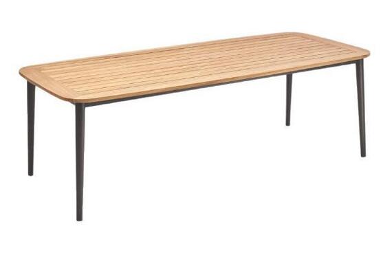 Outdoor teak wood table and 6pcs chairs made with weather resistant UV resistant and aluminum frame built for gardens courtyards and villas